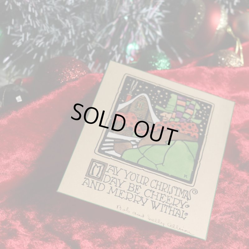 アンティーククリスマスカード紙もの｜雪の舞う町と老人1940年代