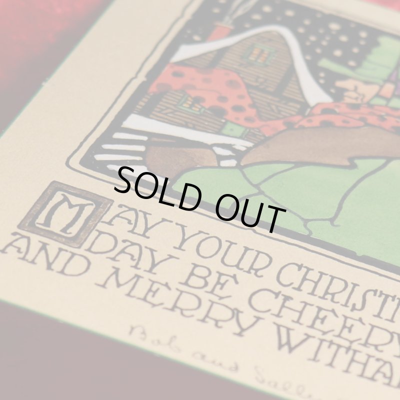 アンティーククリスマスカード紙もの｜雪の舞う町と老人1940年代