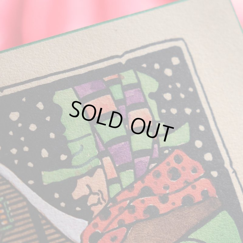 アンティーククリスマスカード紙もの｜雪の舞う町と老人1940年代