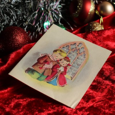 画像1: USAヴィンテージ1940年代紙ものクリスマスカード｜教会で祈る男の子と女の子アンティーク