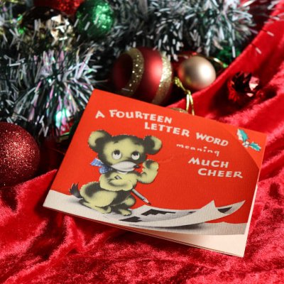 画像1: アンティーククリスマスカード紙もの｜クロスワードをするテディベア1950年代ヴィンテージ