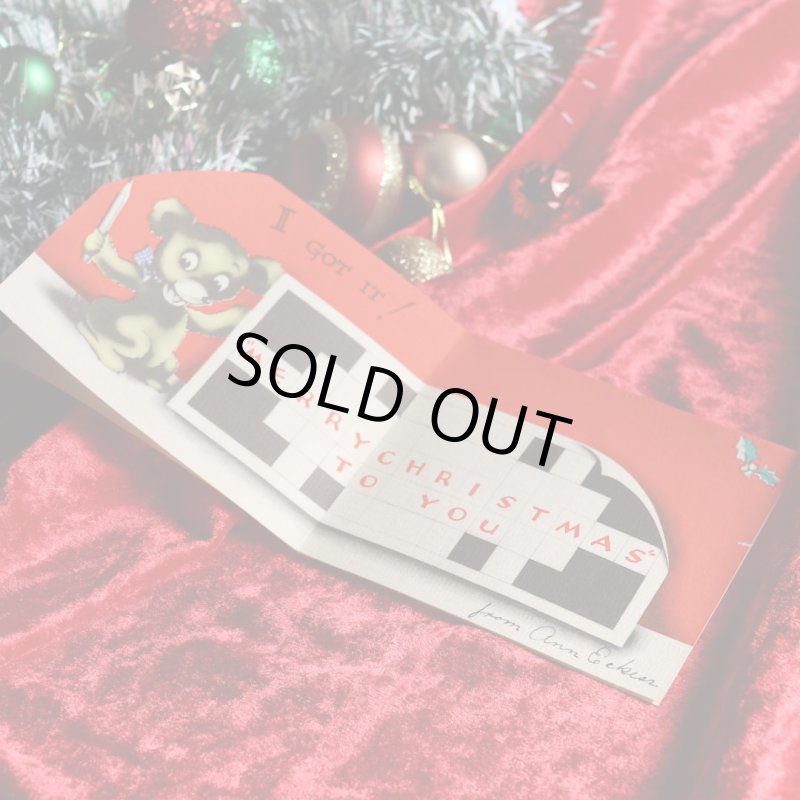 アンティーククリスマスカード紙もの｜クロスワードをするテディベア1950年代