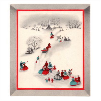 画像1: USAヴィンテージ1960年代紙ものクリスマスカード｜雪景色と教会へ向かう人々アンティークグリーティング