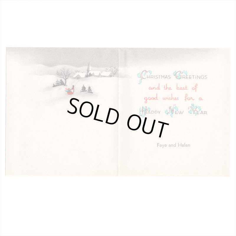 USAヴィンテージ1960年代紙ものクリスマスカード｜雪景色と教会へ向かう人々アンティークグリーティング