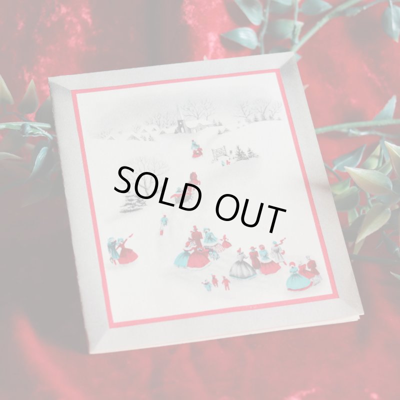 USAヴィンテージ1960年代紙ものクリスマスカード｜雪景色と教会へ向かう人々アンティークグリーティング