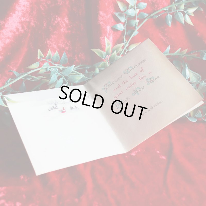 USAヴィンテージ1960年代紙ものクリスマスカード｜雪景色と教会へ向かう人々アンティークグリーティング