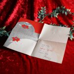 USAヴィンテージ1960年代紙ものクリスマスカード｜ポインセチア赤銀アンティークグリーティング