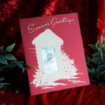 USAヴィンテージ1960年代紙ものクリスマスカード｜リースのドアと銀の箔押しアンティークグリーティング