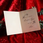 USAヴィンテージ1960年代紙ものクリスマスカード｜リースのドアと銀の箔押しアンティークグリーティング