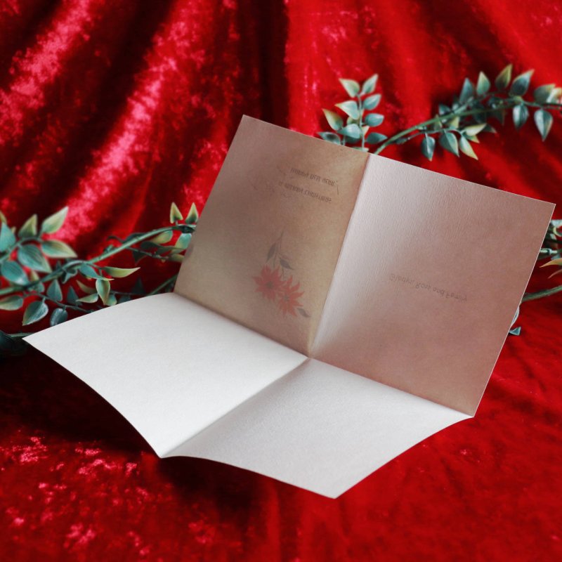 USAヴィンテージ1940年代紙ものクリスマスカード｜花瓶のポインセチア2色刷アンティークグリーティング