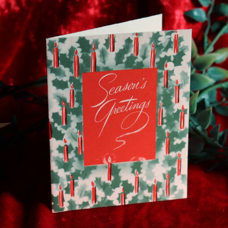 USAヴィンテージ1950年代紙ものクリスマスカード｜柊（ひいらぎ）とキャンドルアンティークグリーティング