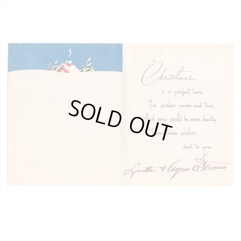 USAヴィンテージ1950年代紙ものクリスマスカード｜煙突から煙が上がるログハウスと雪景色アンティークグリーティング