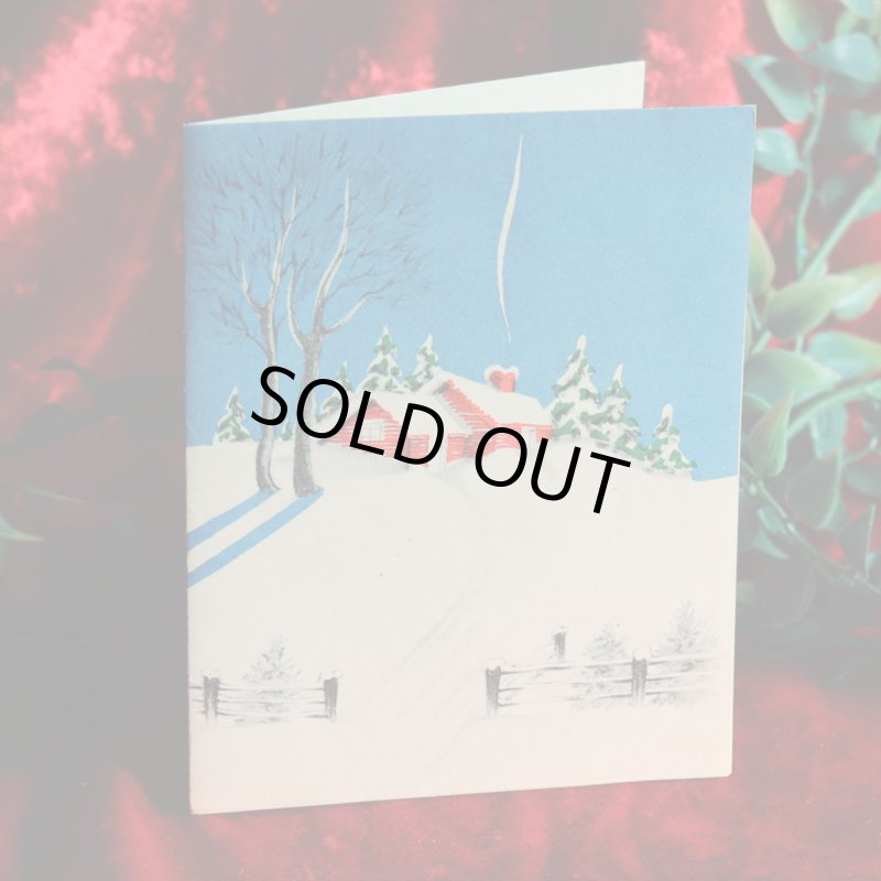 USAヴィンテージ1950年代紙ものクリスマスカード｜煙突から煙が上がるログハウスと雪景色アンティークグリーティング