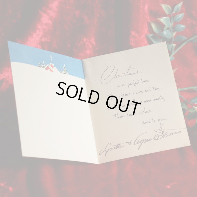 USAヴィンテージ1950年代紙ものクリスマスカード｜煙突から煙が上がるログハウスと雪景色アンティークグリーティング