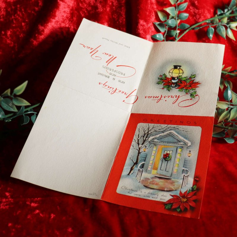 USAヴィンテージ1950年代紙ものクリスマスカード|ポインセチアとクリスマスリースの玄関ドア・アンティークグリーティング