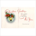 USAヴィンテージ1950年代紙ものクリスマスカード｜ポインセチアとクリスマスリースの玄関ドア・アンティークグリーティング