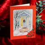 USAヴィンテージ1950年代紙ものクリスマスカード｜ポインセチアとクリスマスリースの玄関ドア・アンティークグリーティング