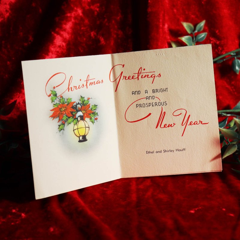 USAヴィンテージ1950年代紙ものクリスマスカード|ポインセチアとクリスマスリースの玄関ドア・アンティークグリーティング