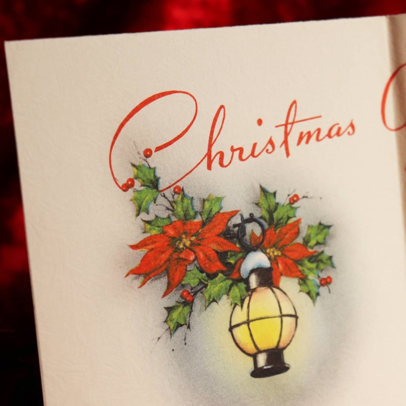USAヴィンテージ1950年代紙ものクリスマスカード|ポインセチアとクリスマスリースの玄関ドア・アンティークグリーティング