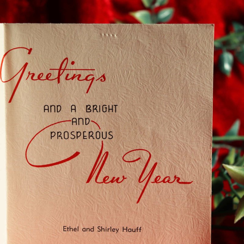 USAヴィンテージ1950年代紙ものクリスマスカード|ポインセチアとクリスマスリースの玄関ドア・アンティークグリーティング