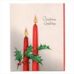 USAヴィンテージ1950年代紙ものクリスマスカード｜柊（ひいらぎ）と2本の赤いキャンドル・アンティークグリーティング
