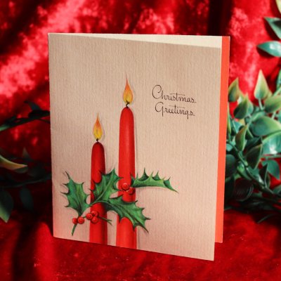 画像1: USAヴィンテージ1950年代紙ものクリスマスカード｜柊（ひいらぎ）と2本の赤いキャンドル・アンティークグリーティング