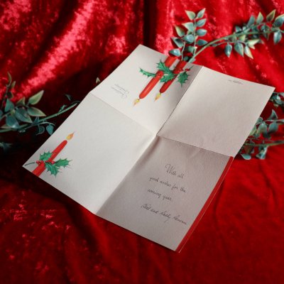 画像2: USAヴィンテージ1950年代紙ものクリスマスカード｜柊（ひいらぎ）と2本の赤いキャンドル・アンティークグリーティング