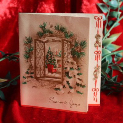 画像1: USAヴィンテージ1950年代紙ものクリスマスカード｜クリスマスツリー・暖炉・チェア・アンティークグリーティング