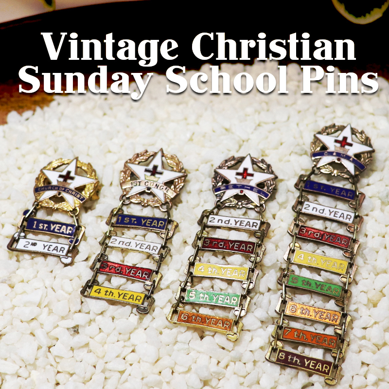 USAヴィンテージのハードエナメルクリスチャンブローチ（希少な日曜学校階級バッジ）をアップ！