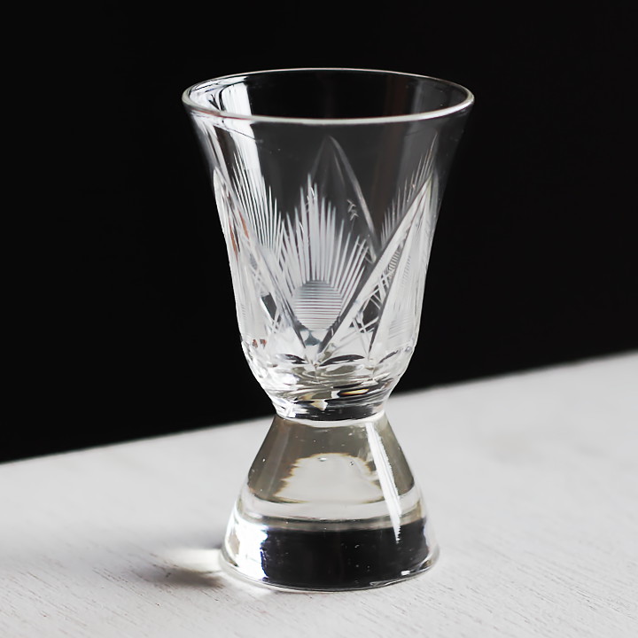 アメリカヴィンテージクリアカットガラスショットグラス|アンティークエッチング切子