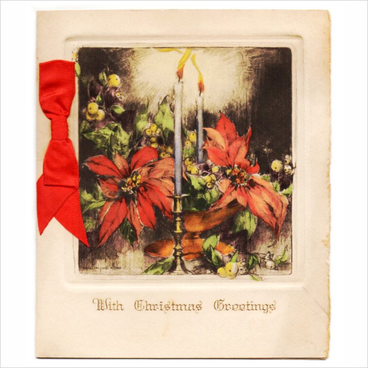 画像1: USAアンティーククリスマスカード1910年代紙もの｜ポインセチアとキャンドルリーティングカード (1)