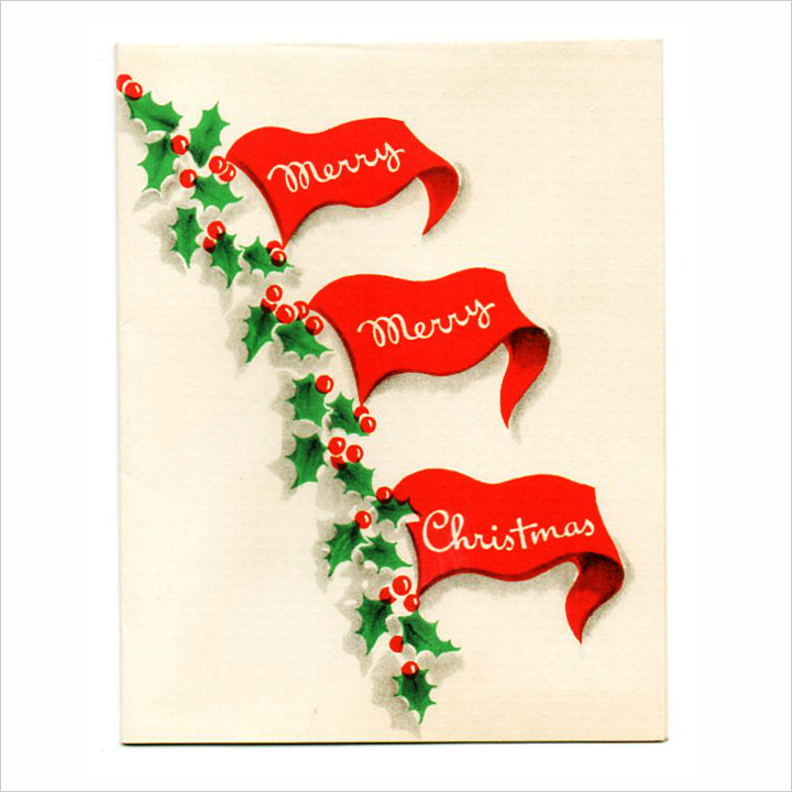 Usaヴィンテージ1950年代紙ものクリスマスカード 柊ひいらぎとフラッグ三角旗のアンティークカード