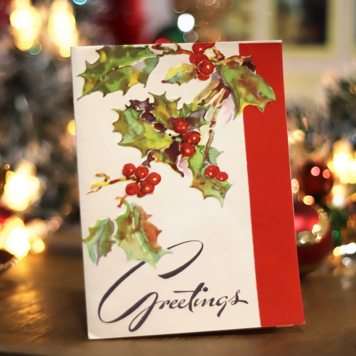 Usaヴィンテージ1940年代紙ものクリスマスカード 柊 ひいらぎアンティークグリーティングカード