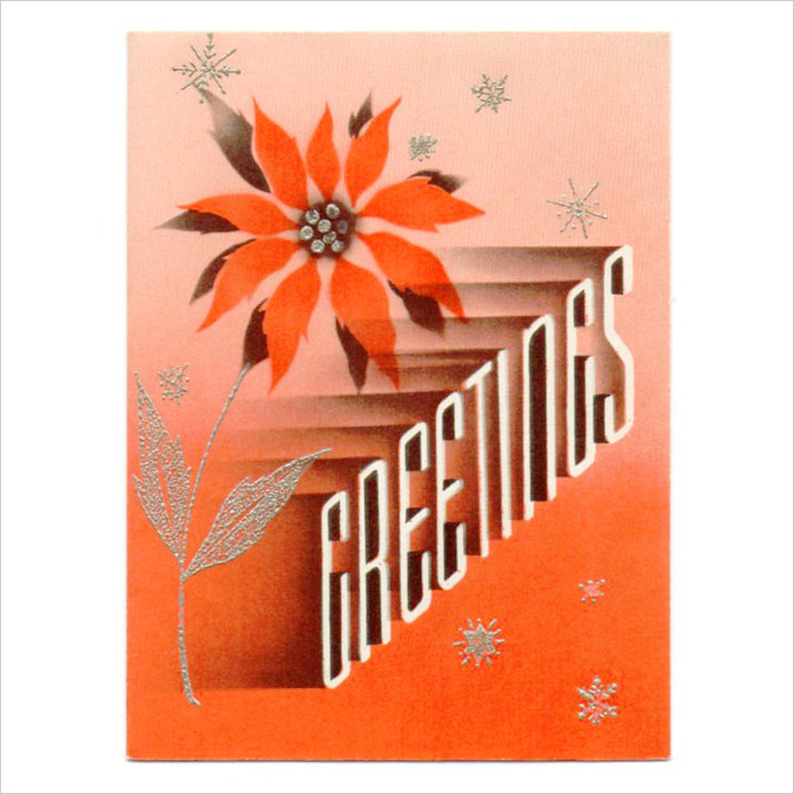 画像1: USAヴィンテージ1940年代紙ものクリスマスカード｜２色刷りポインセチアと雪の結晶アンティークカード (1)