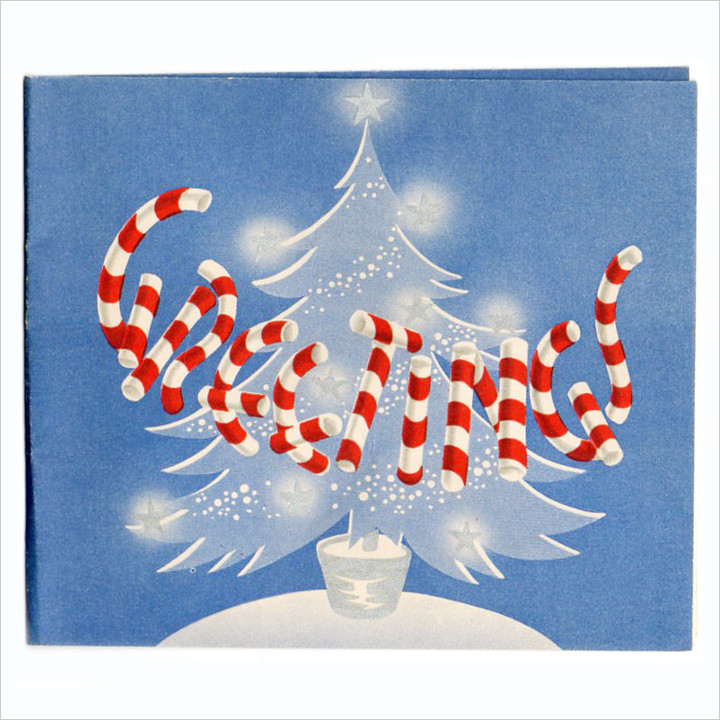画像1: USAヴィンテージ1950年代紙ものクリスマスカード｜キャンディケインとクリスマスツリーのアンティークカード (1)
