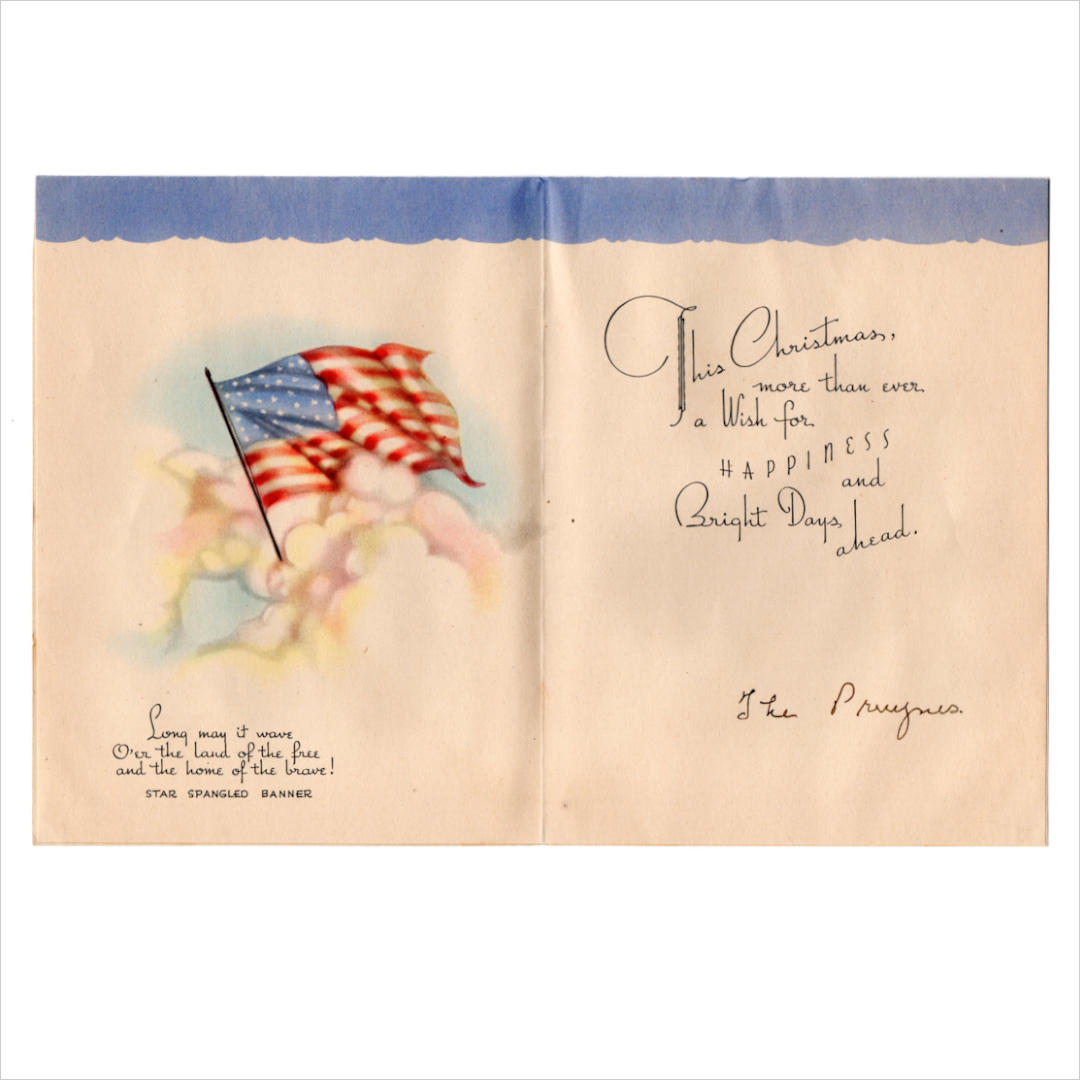 Usaヴィンテージ1940年代紙ものクリスマスカード 星条旗と雪景色アメリカ国旗 アンティークカード