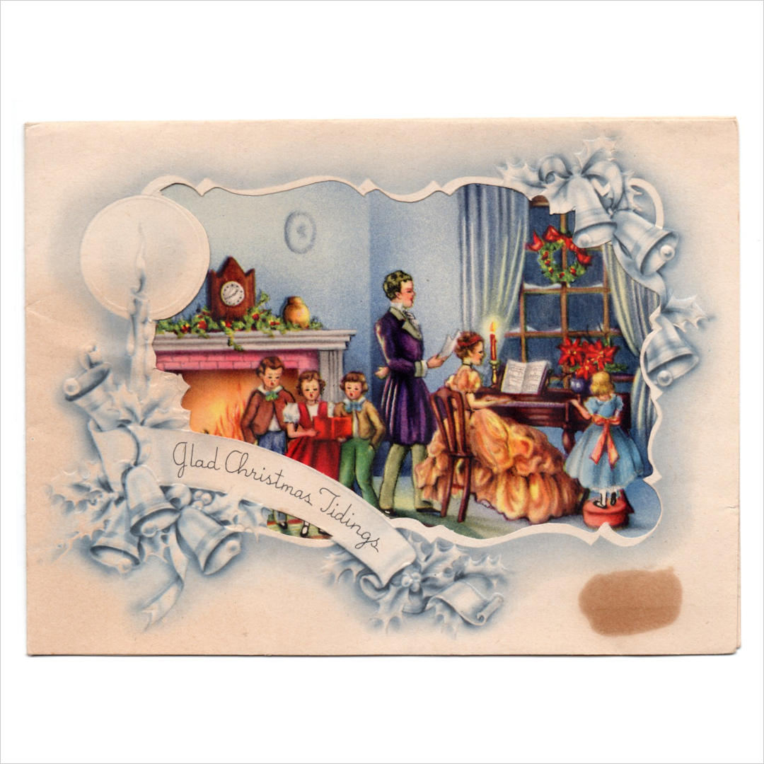 アンティーククリスマスカード｜讃美歌聖歌を歌う子供と貴婦人