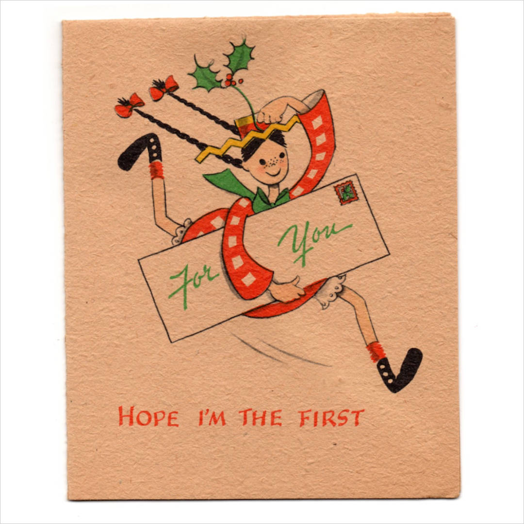 アンティーククリスマスカード｜おさげ髪の女の子アンティークカード1940年代