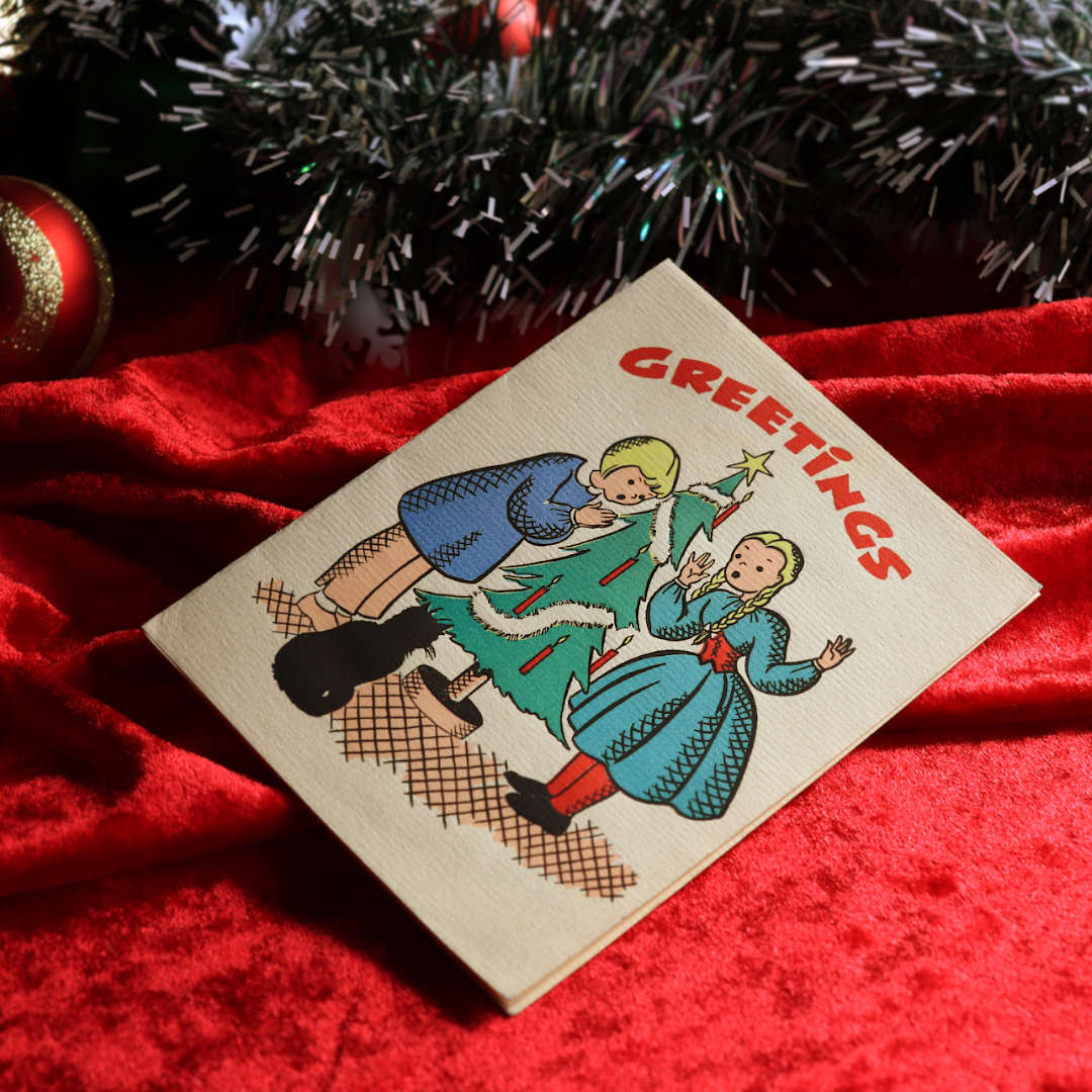 USAヴィンテージ1940年代紙ものクリスマスカード｜2人の女の子とクリスマスツリー・黒猫アンティークカード