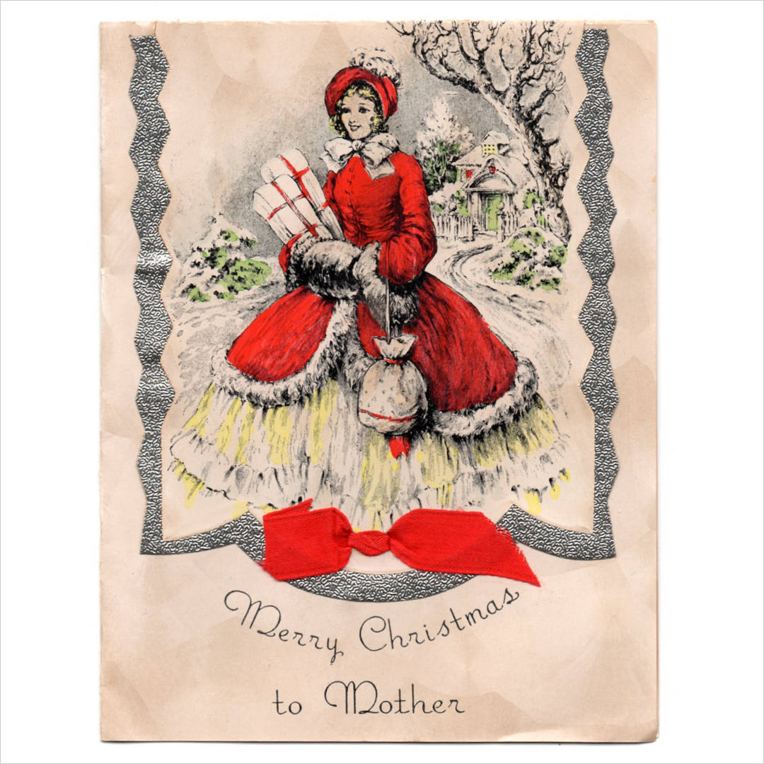 アンティーククリスマスカード｜プレゼントを抱える少女アンティークカード1940年代
