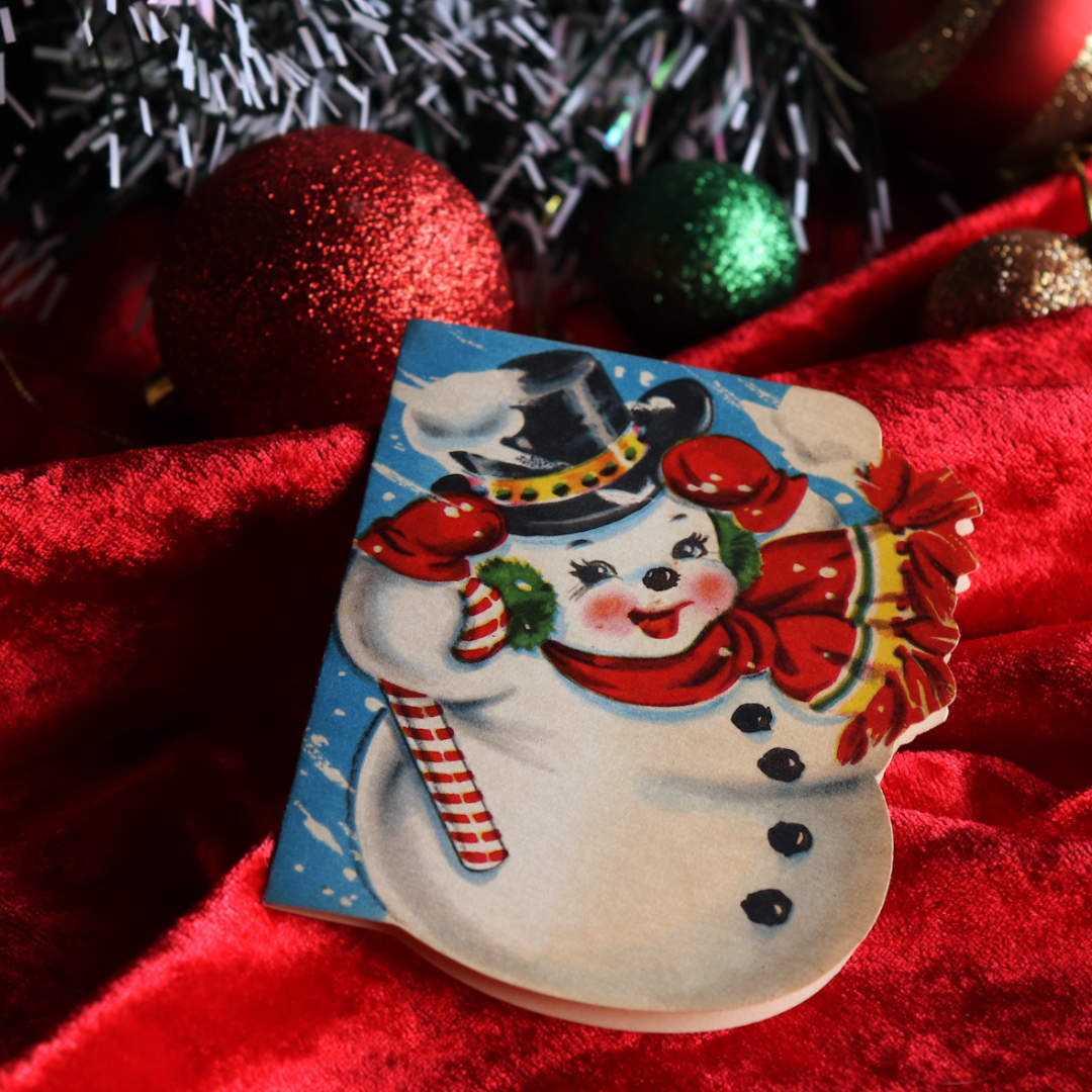 Usaヴィンテージ1940年代紙ものクリスマスカード ハットをかぶるスノーマン雪だるまアンティークカード