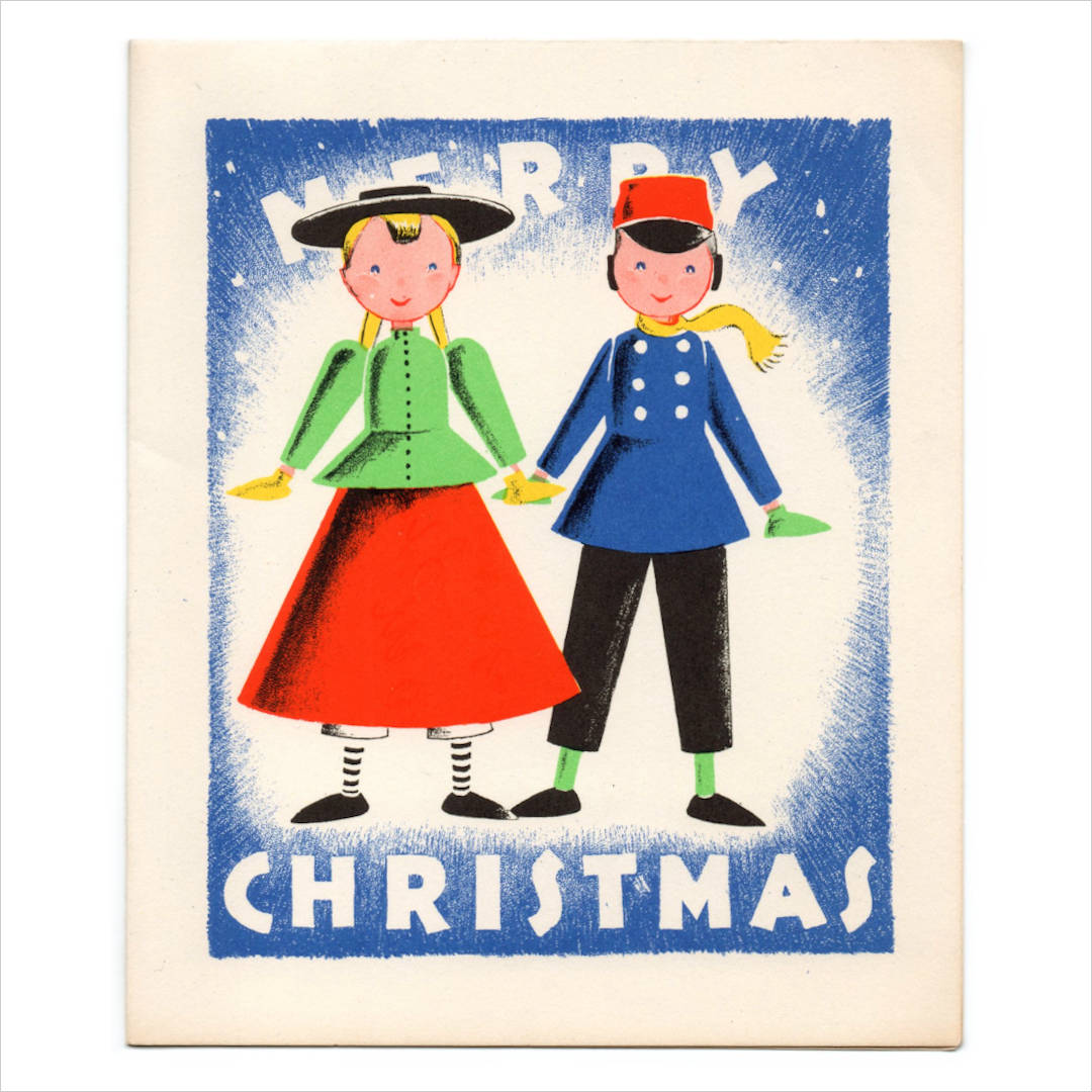 アンティーククリスマスカード紙もの｜帽子をかぶった男女メリークリスマスCHEERIOヴィンテージ1940年代