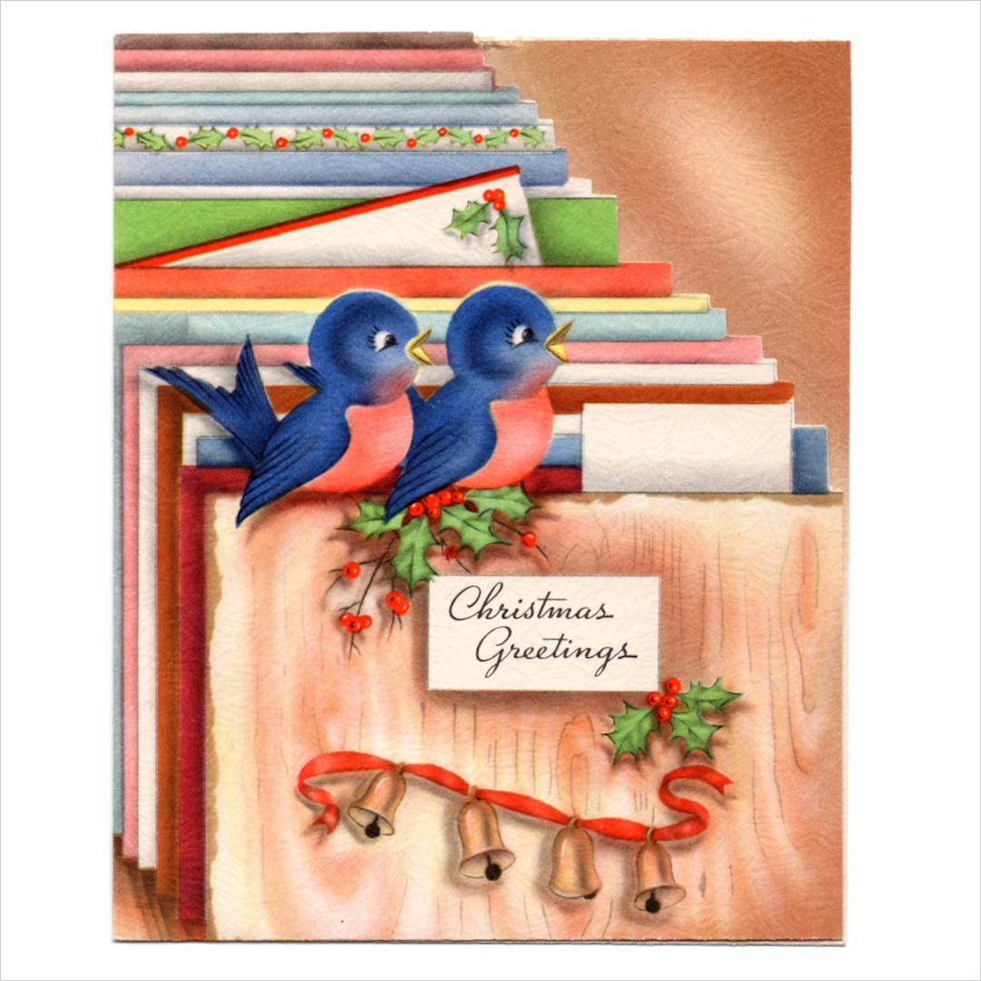 アンティーククリスマスカード紙もの｜2羽の青い小鳥とグリーティングカード1940年代