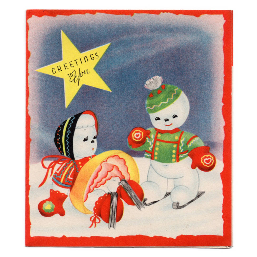 アンティーククリスマスカード紙もの｜スケートを楽しむ男の子と女の子のスノーマン1940年代