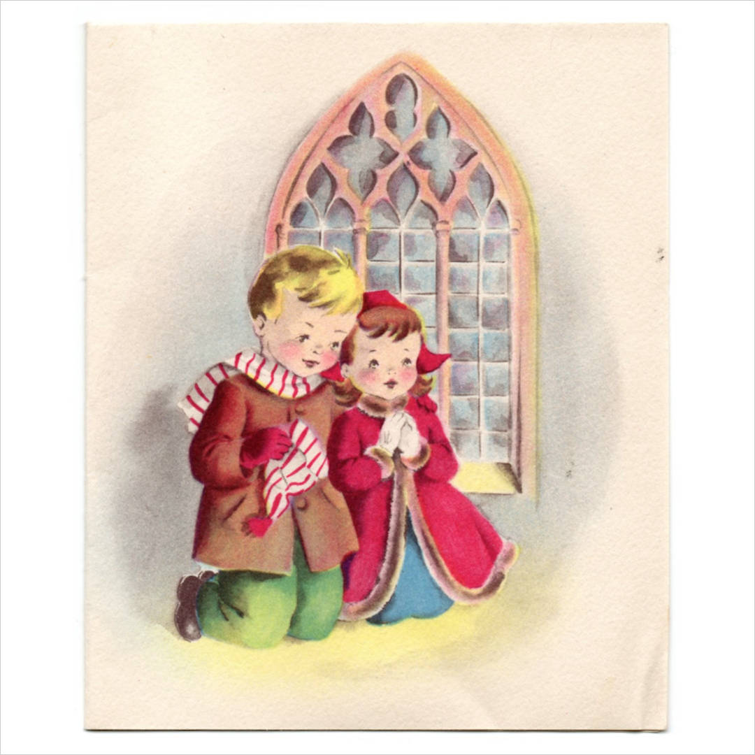 アンティーククリスマスカード紙もの｜教会で祈る男の子と女の子1940年代
