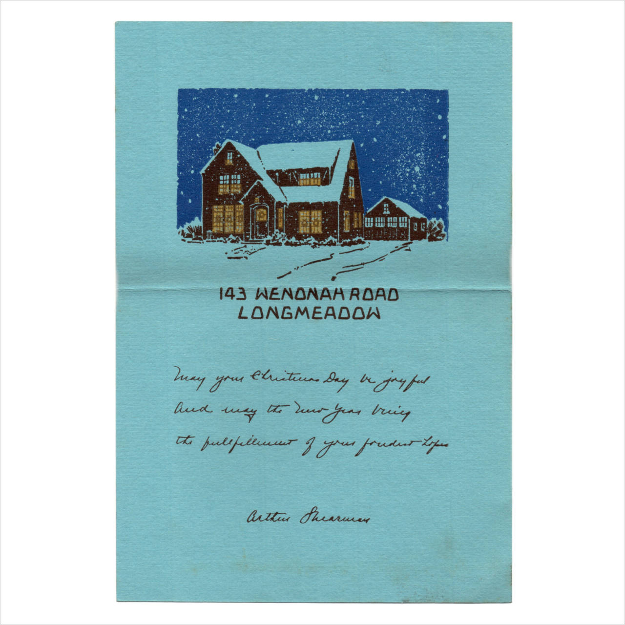 USAヴィンテージ紙ものクリスマスカード｜冬支度の家と雪降る夜143 Wenonah Rdアンティークグリーティング