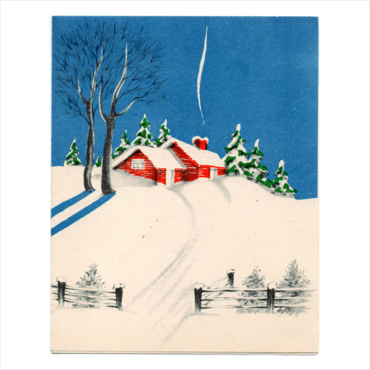 USAヴィンテージ1950年代紙ものクリスマスカード｜煙突から煙が上がるログハウスと雪景色アンティークグリーティング