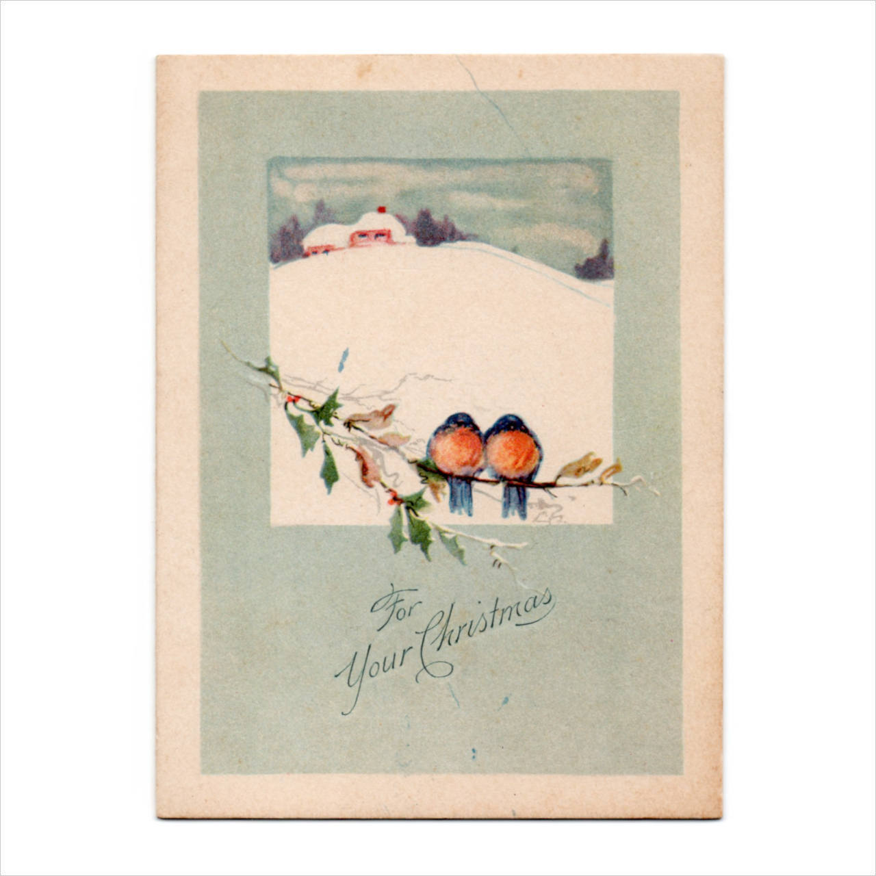 USAヴィンテージ1950年代紙ものクリスマスカード｜ブルーバード（るりつぐみ）と冬景色アンティークグリーティング
